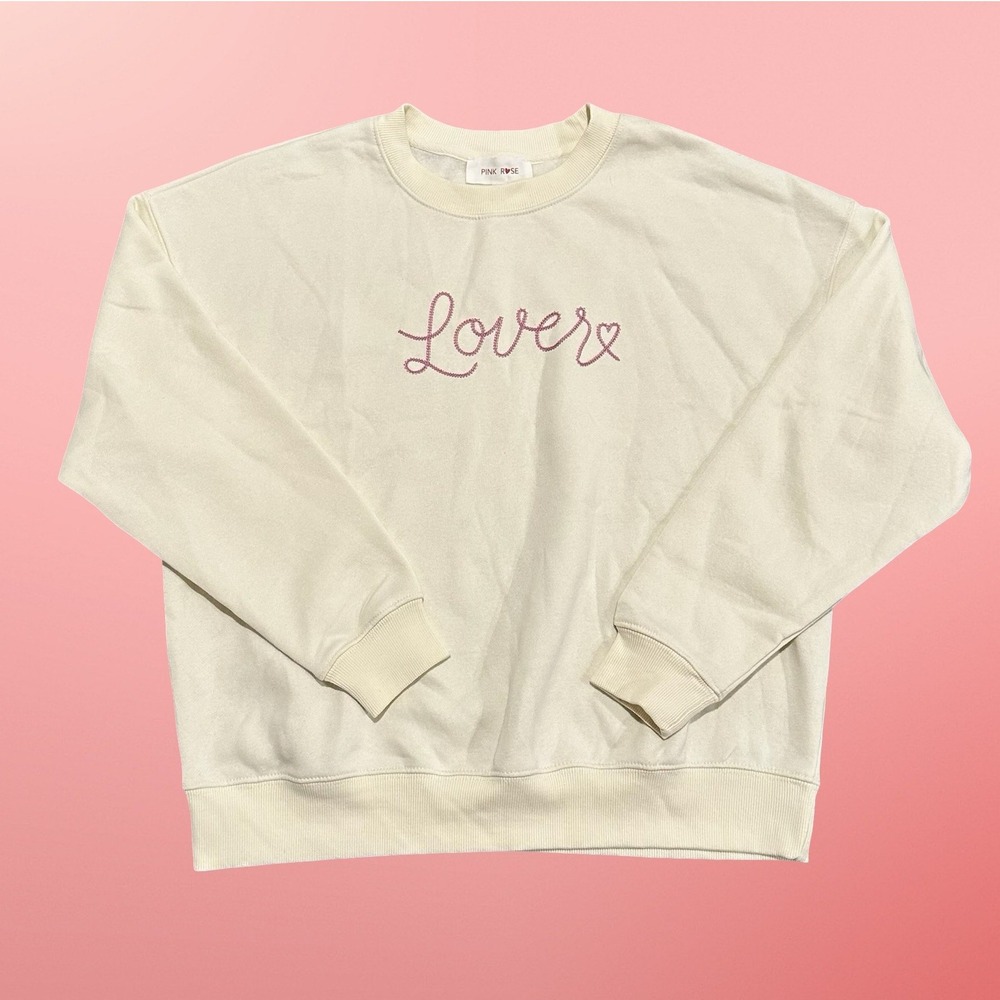 Pink Rose Lover Embroidered Sweatshirt Women's XS Cream Pullover Casual Comfy